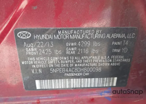 2013 Hyundai Sonata Gls z USA, uszkodzony, nr VIN 5NPEB4AC8DH800098